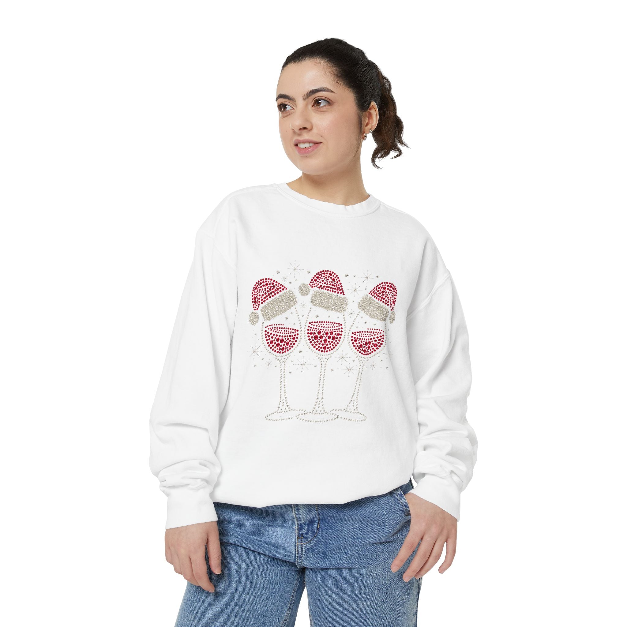 Christmas Wine Glass Sweatshirt, Rhinestone Style Santa Hat Crewneck, Sparkly Holiday Party Pullover, Wine Lover Gift for Girls Night