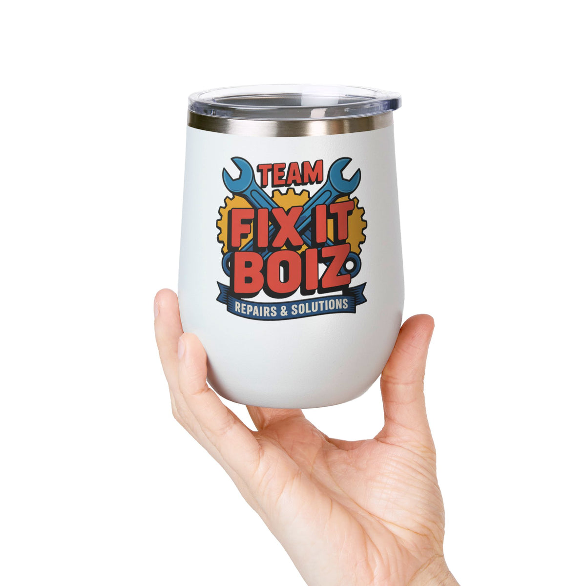 Mechanic Wine Tumbler, Team Fix It Boiz Wrench and Gear Design, Handyman Gift for Dad or a Repair Crew Coworker, Off Duty Workshop Drinkware