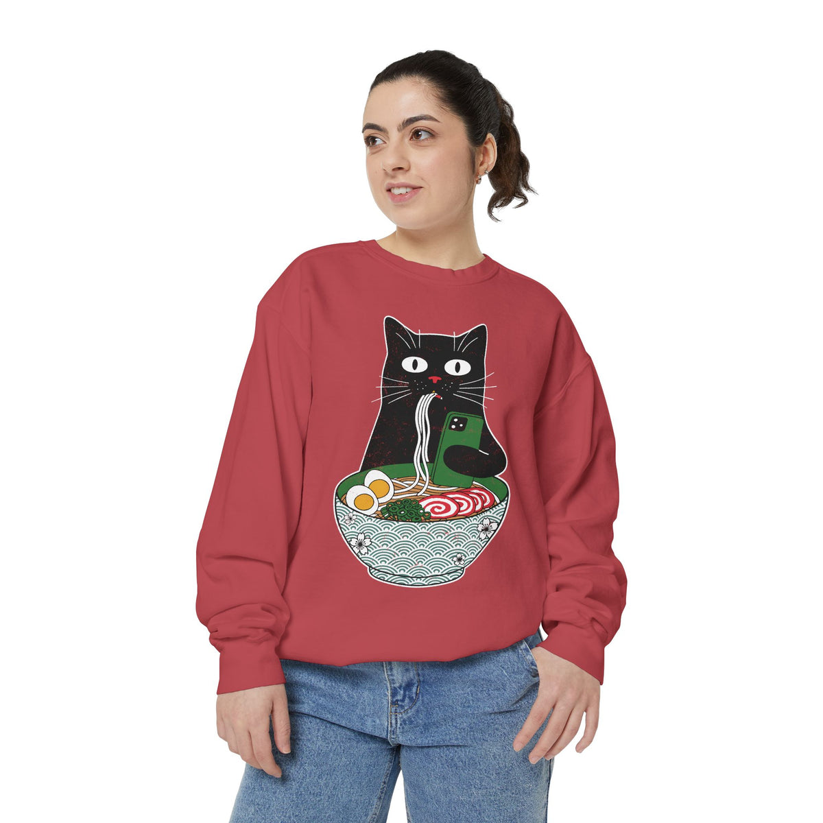 Ramen Cat Comfort Colors Sweatshirt, Funny Cat Eating Noodles Shirt, Cat Lover Graphic Crewneck, Foodie Gift Idea