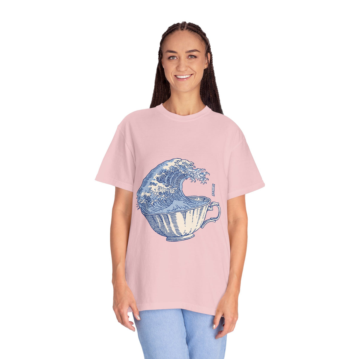 Great Wave Teacup Shirt, Japanese Art Inspired Ocean Graphic, Gift for Tea Lovers and Coastal Art Fans, Casual Cafe Weekend Outfit