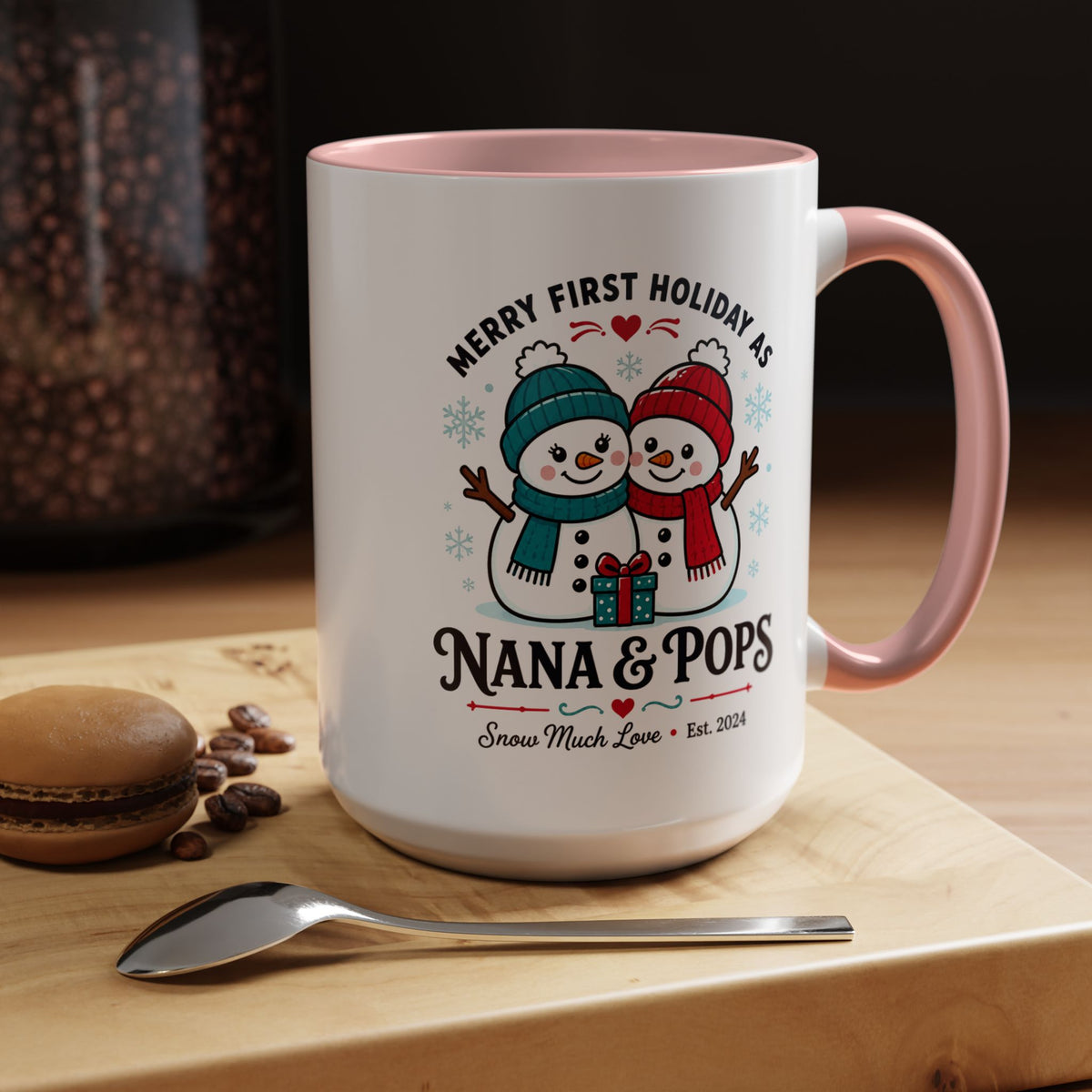 Personalized First Christmas Grandparents Mug, Nana and Pops Holiday Coffee Cup, New Grandparent Gift, Custom Names and Established Year