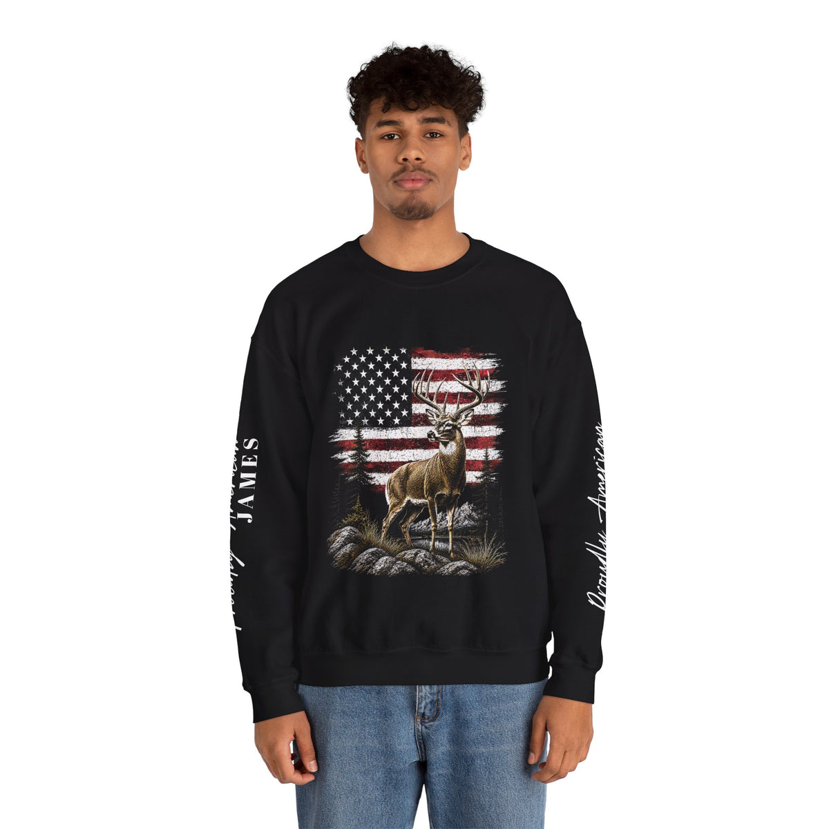 Personalized Hunting Sweatshirt, Custom Deer American Flag Pullover, Patriotic Outdoorsman Crewneck, Hunter Gift, Personalized Family Shirt