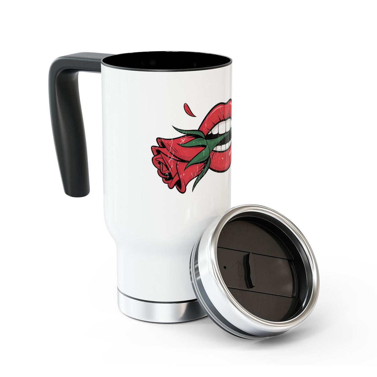 Red Lips and Rose Travel Mug, Gothic Romance Drinkware, Vintage Tattoo Style Gift for Her, Valentines Day Gift for Women