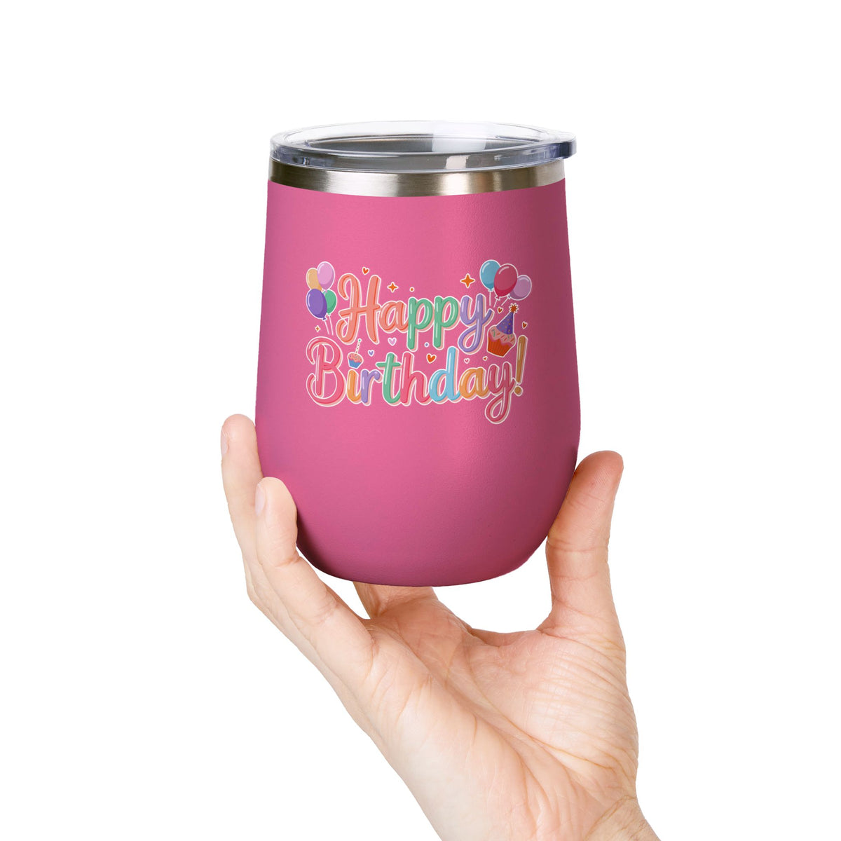 Happy Birthday Wine Tumbler, Pastel Balloons and Cupcake Design, Colorful Drinkware Gift for a Best Friend, Sister or Coworker Celebration