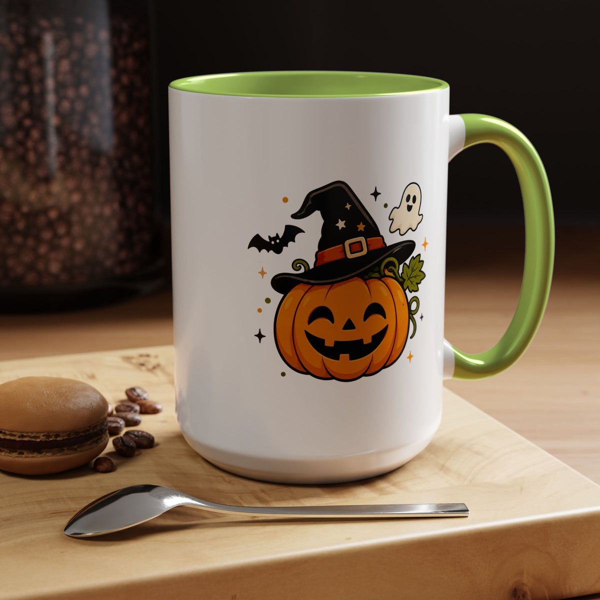 Cute Pumpkin Halloween Mug, Smiling Jack O Lantern Black Accent Coffee Cup, Cute Friendly Ghost Gift for Kids, Teachers or Fall Lovers