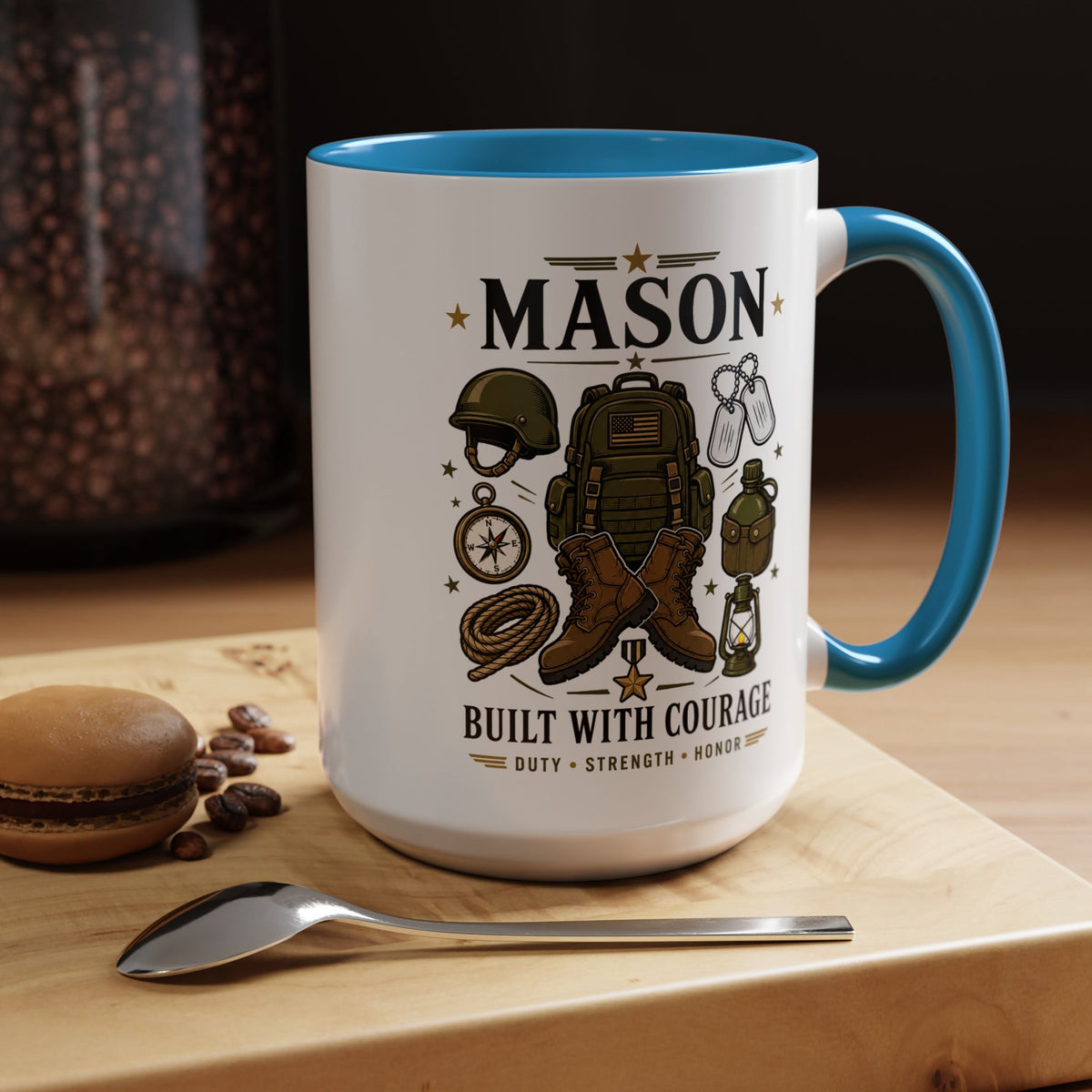 Personalized Army Soldier Mug, Built with Courage Coffee Cup, Custom Name Military Gift for Him, Veteran, Recruit or Service Member