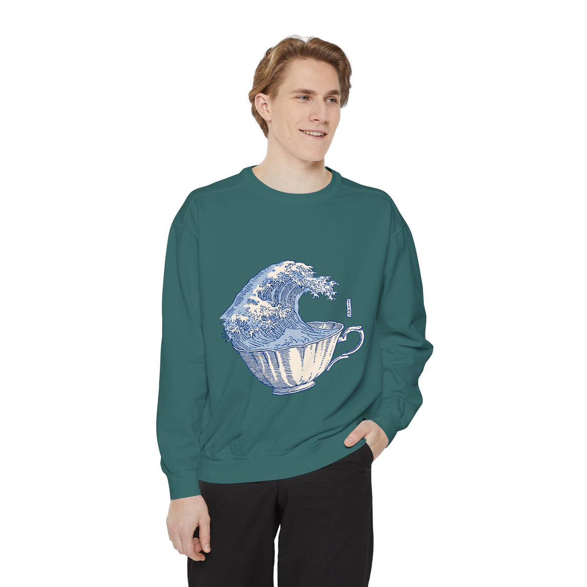 Great Wave Teacup Sweatshirt, Japanese Art Inspired Ocean Graphic, Gift for Tea Lovers and Coastal Art Fans, Casual Cafe Weekend Outfit