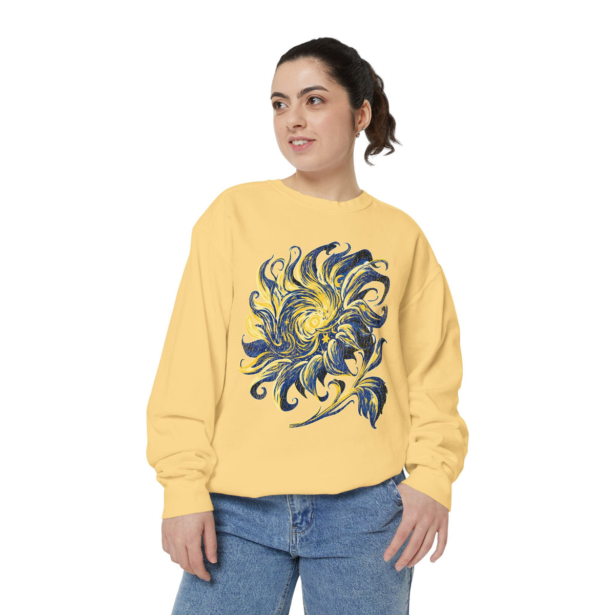 Celestial Sun Graphic Sweatshirt, Blue and Gold Cosmic Pullover, Mystical Night Sky Top, Astrology Gift for Stargazers and Dreamers