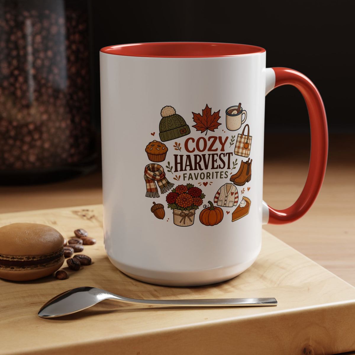 Cozy Harvest Coffee Mug, Cute Autumn Favorites Cup, Fall Gift for Her, Pumpkin Spice Lover Birthday Present, Thanksgiving Kitchen Decor