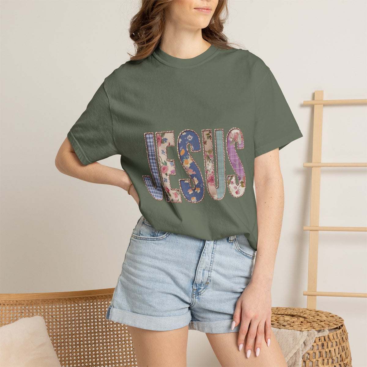 Jesus Patchwork Graphic Tee, Floral Christian Shirt, Cute Faith Based T Shirt, Vintage Coquette Religious Shirt