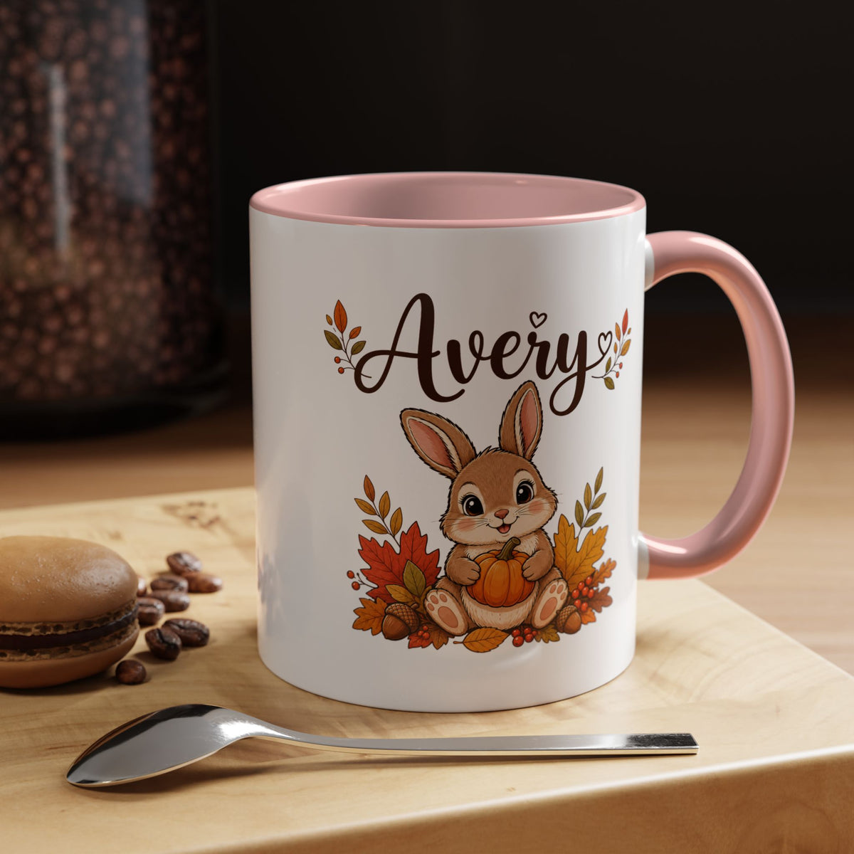 Personalized Bunny Mug with Name, Autumn Rabbit Coffee Cup, Cute Fall Woodland Gift for Daughter, Easter Basket or Birthday Keepsake