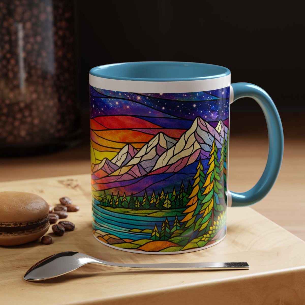 Colorful Sunset Landscape Mug, Stained Glass Nature Coffee Mug, Mountain Lake Art Mug, Outdoor Lover Gift, Scenic Ceramic Cup