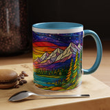 Colorful Sunset Landscape Mug, Stained Glass Nature Coffee Mug, Mountain Lake Art Mug, Outdoor Lover Gift, Scenic Ceramic Cup