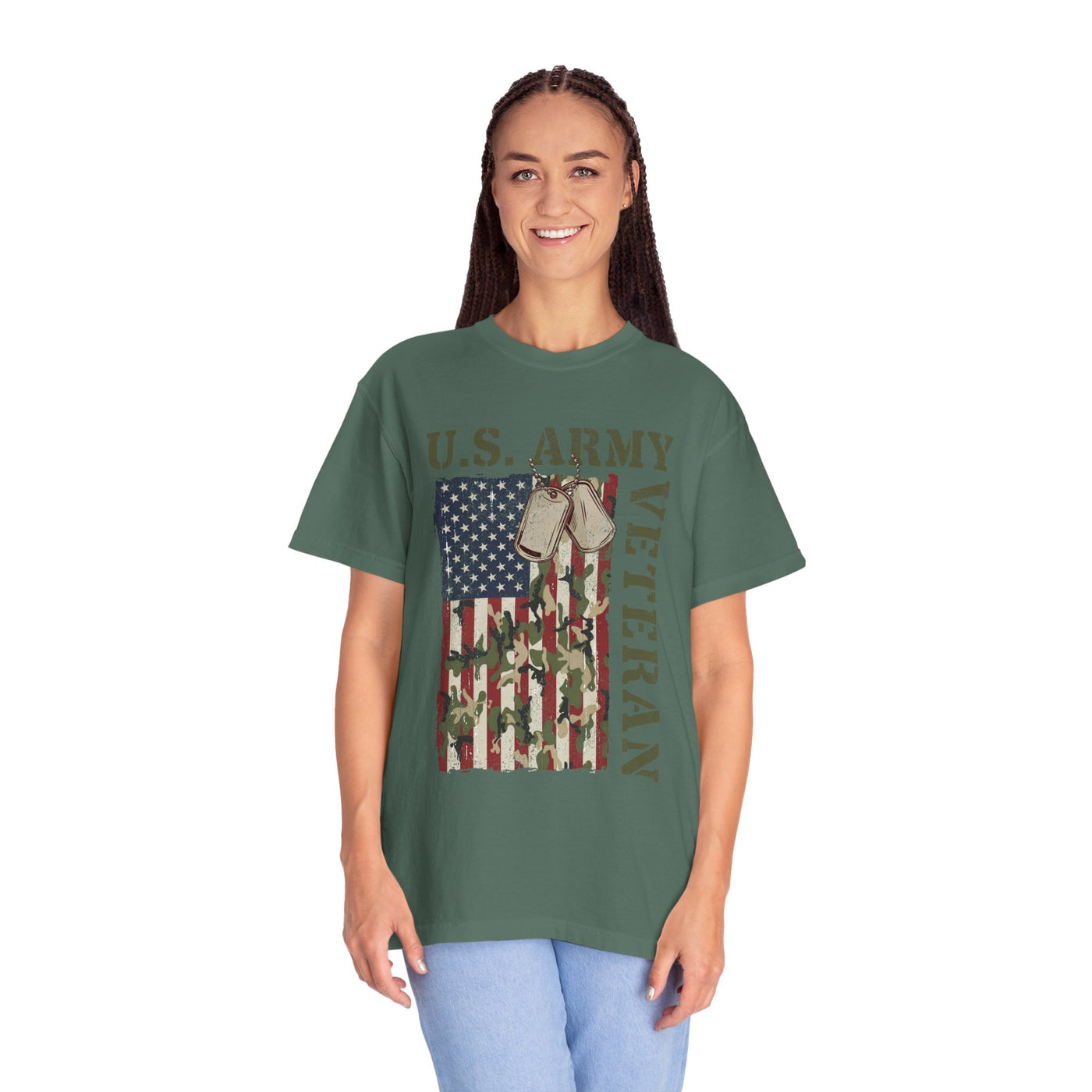 US Army Veteran Shirt, American Flag Camo T-Shirt, Military Dog Tag Tee, Patriotic Gift for Soldier, Retirement or Veterans Day Top