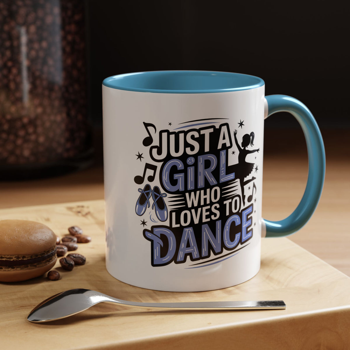 Dance Lover Coffee Mug, Just a Girl Who Loves to Dance Quote, Blue Ballet Shoes and Ballerina Design, Recital Gift for a Daughter or Teacher