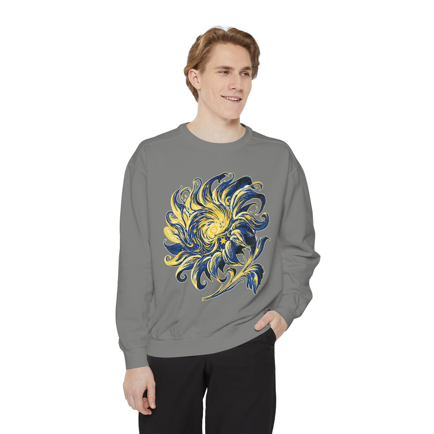 Celestial Sun Graphic Sweatshirt, Blue and Gold Cosmic Pullover, Mystical Night Sky Top, Astrology Gift for Stargazers and Dreamers