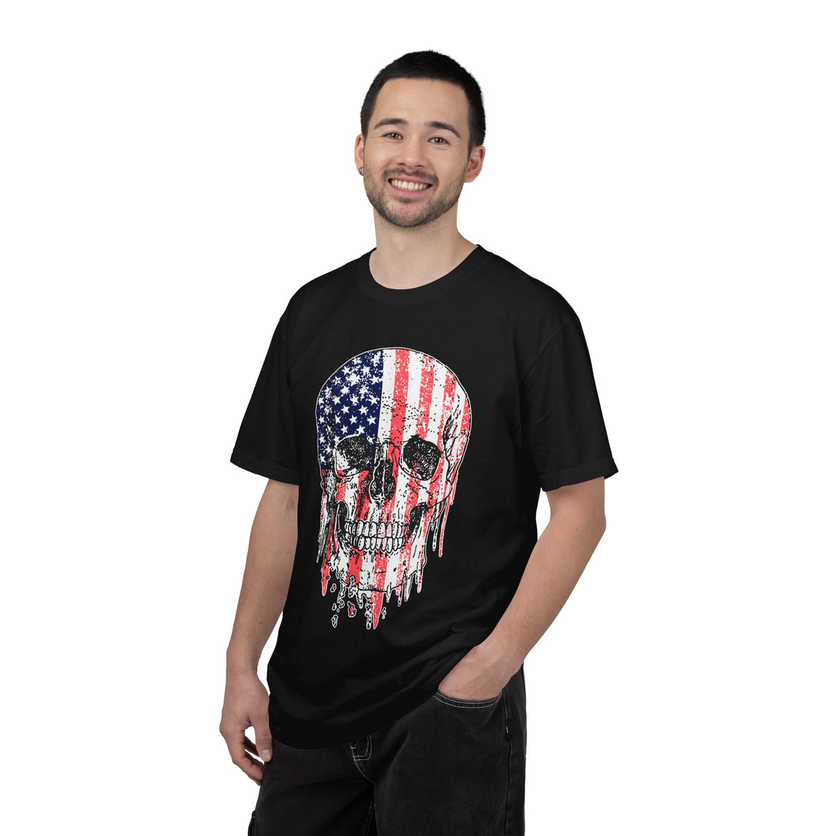 American Flag Skull Shirt, Distressed Patriotic Graphic for Biker Outfits, Fourth of July Style, Birthday Gift for Skull Art Lovers