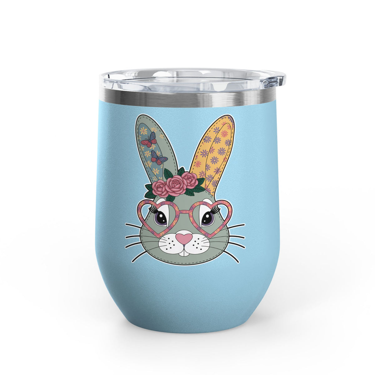 Floral Bunny Wine Tumbler, Cute Rabbit with Heart Glasses, Easter Gift for Her, Whimsical Spring Drinkware, Bunny Lover Gift