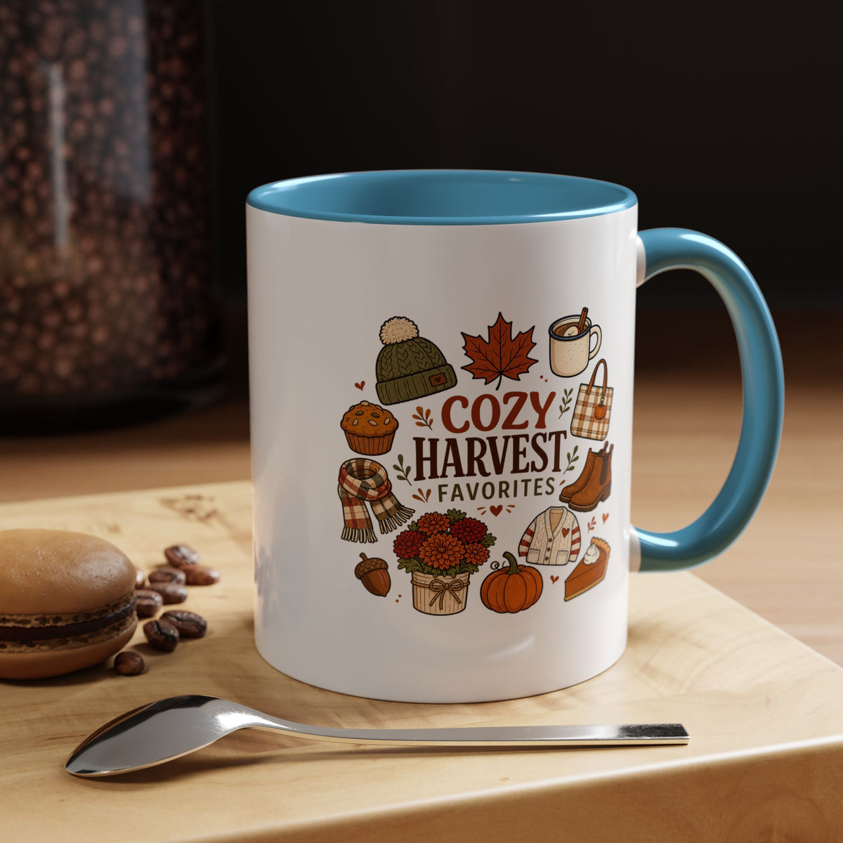 Cozy Harvest Coffee Mug, Cute Autumn Favorites Cup, Fall Gift for Her, Pumpkin Spice Lover Birthday Present, Thanksgiving Kitchen Decor