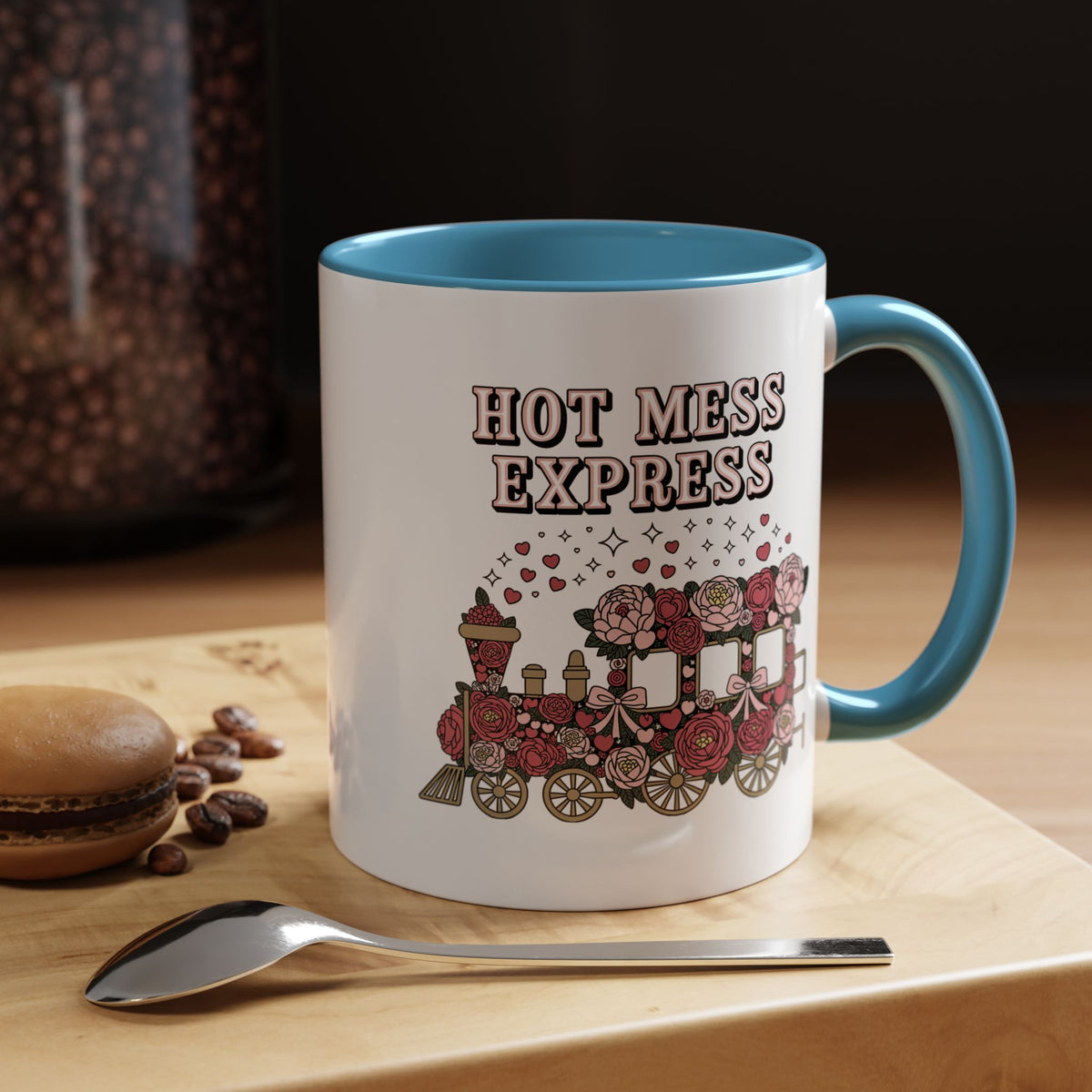 Hot Mess Express Coffee Mug, Pink Floral Train with Bows and Hearts, Funny Birthday Gift for a Busy Mom or Best Friend's Daily Coffee Break