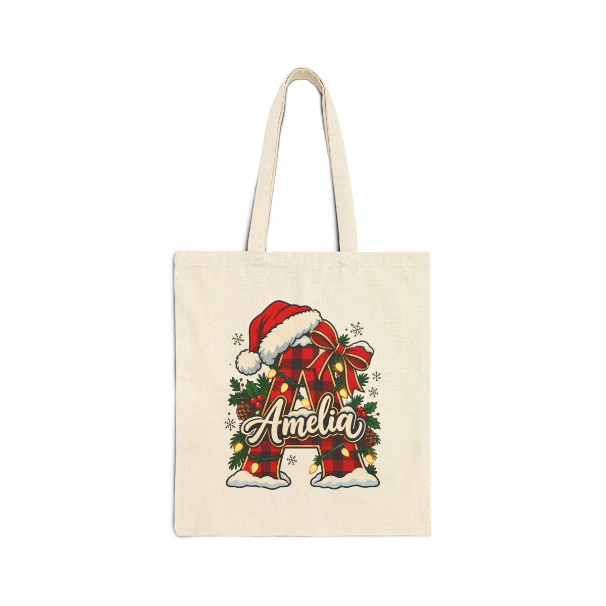 Personalized Christmas Tote Bag, Cotton Canvas 15x16, Buffalo Plaid Initial, Santa Hat, Custom Name Holiday Shopper