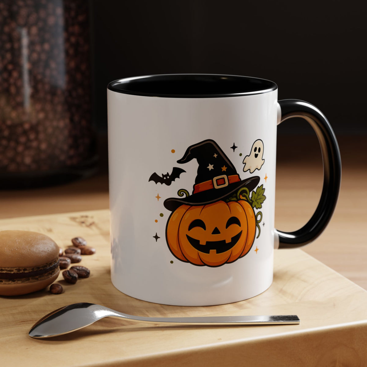 Cute Pumpkin Halloween Mug, Smiling Jack O Lantern Black Accent Coffee Cup, Cute Friendly Ghost Gift for Kids, Teachers or Fall Lovers
