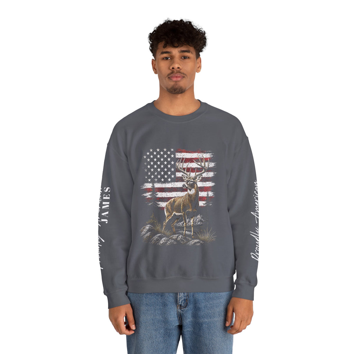 Personalized Hunting Sweatshirt, Custom Deer American Flag Pullover, Patriotic Outdoorsman Crewneck, Hunter Gift, Personalized Family Shirt