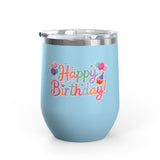 Happy Birthday Wine Tumbler, Pastel Balloons and Cupcake Design, Colorful Drinkware Gift for a Best Friend, Sister or Coworker Celebration