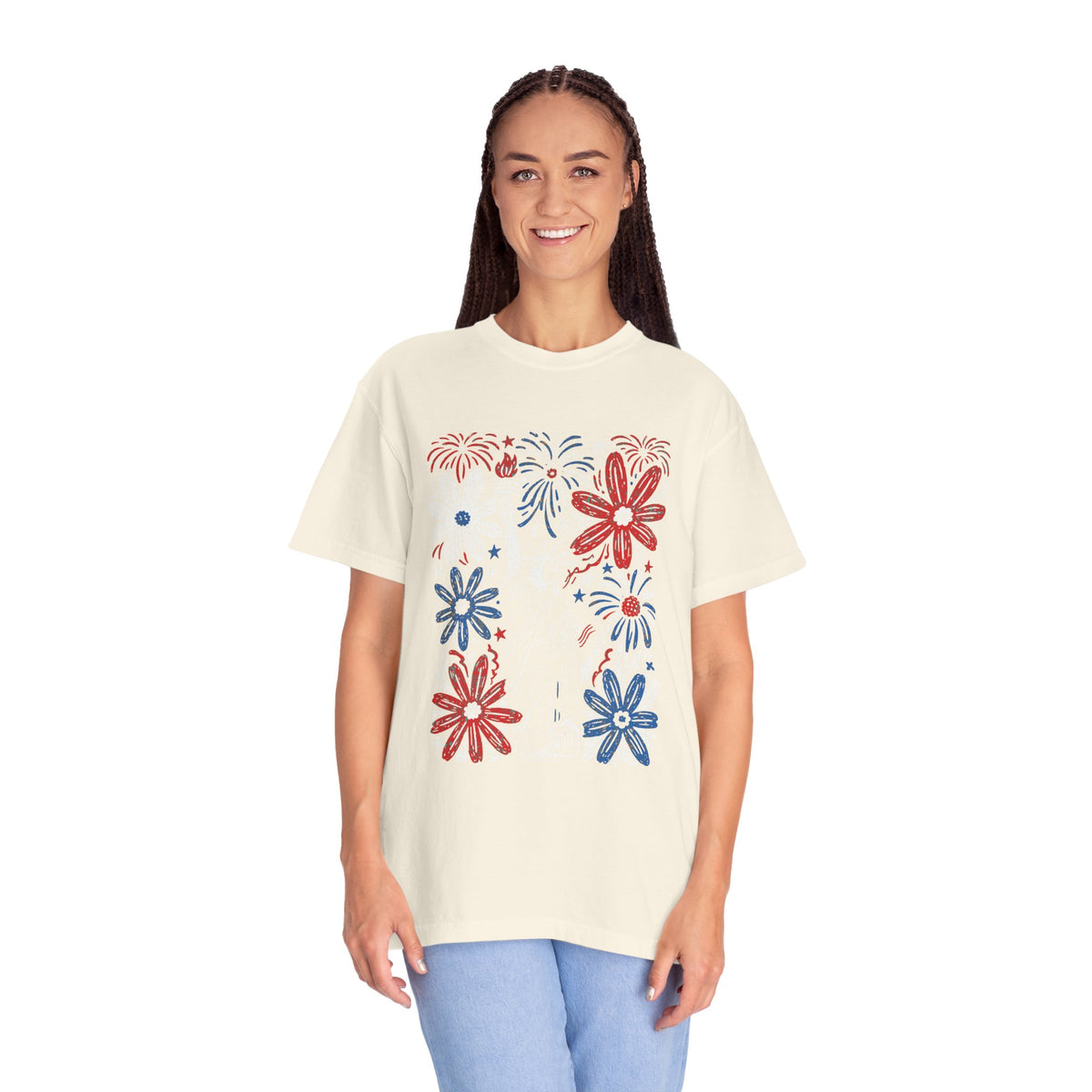 Patriotic Fireworks Shirt, Red White Blue Flower Graphic Tee, Americana T Shirt, Fourth of July Outfit, Vintage USA Gift for Women