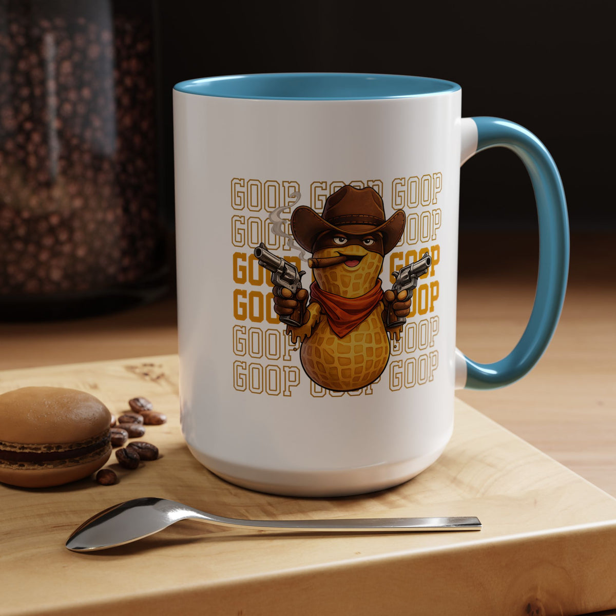 Good Repeating Slogan Cowboy Peanut Mug, Funny Western Office Joke Gift for Coworkers, Sarcastic Outlaw Ceramic Tea Cup with Dark Blue Handle