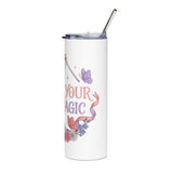Floral Skinny Tumbler, Create Your Own Magic Cup, Butterfly and Moon Drinkware, Inspirational Gift for Her, Whimsical Flower Gift