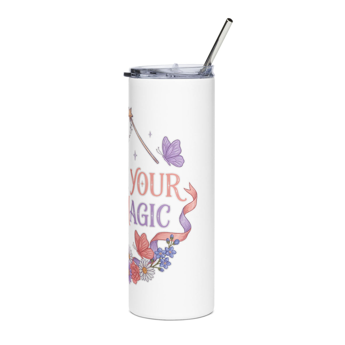 Floral Skinny Tumbler, Create Your Own Magic Cup, Butterfly and Moon Drinkware, Inspirational Gift for Her, Whimsical Flower Gift