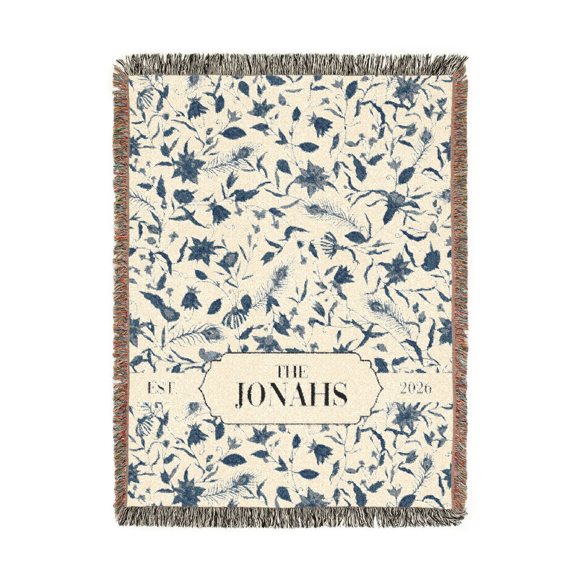 Personalized Family Name Woven Blanket, Custom Blue Floral Throw Blanket, Botanical Housewarming Gift, Wedding Keepsake, Est Date