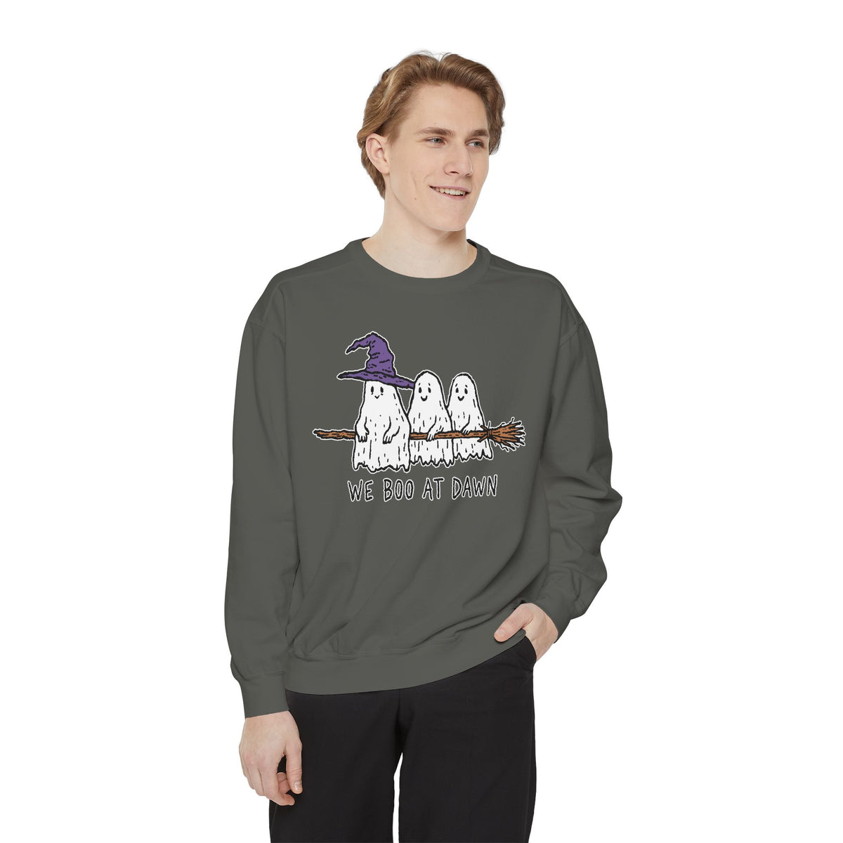 We Boo at Dawn Ghost Sweatshirt, Funny Halloween Witch Broom Pullover, Cute Spooky Season Gift for Friends and Ghost Lovers, October Outfit