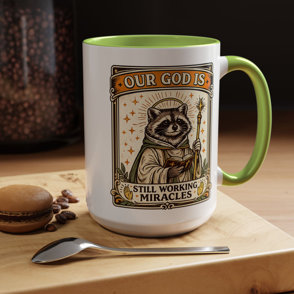 Our God Is Still Working Miracles Coffee Mug, Funny Raccoon Christian Gift for Friends, Cute Religious Parody Trash Panda Ceramic Tea Cup with Black Handle