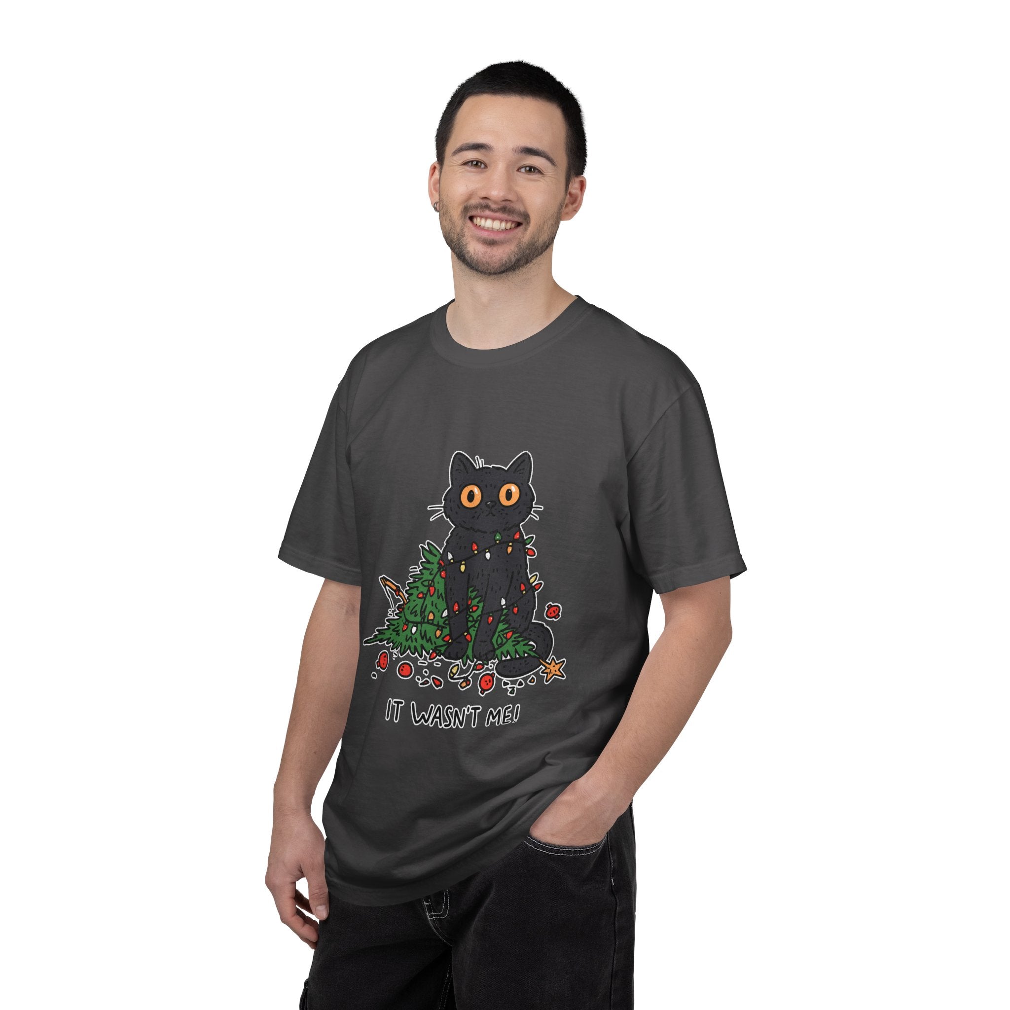 It Wasn't Me Black Cat Christmas Shirt, Funny Holiday T-Shirt, Mischievous Kitty Lights Tee, Gift for Cat Mom, Cat Dad, Christmas Party Top