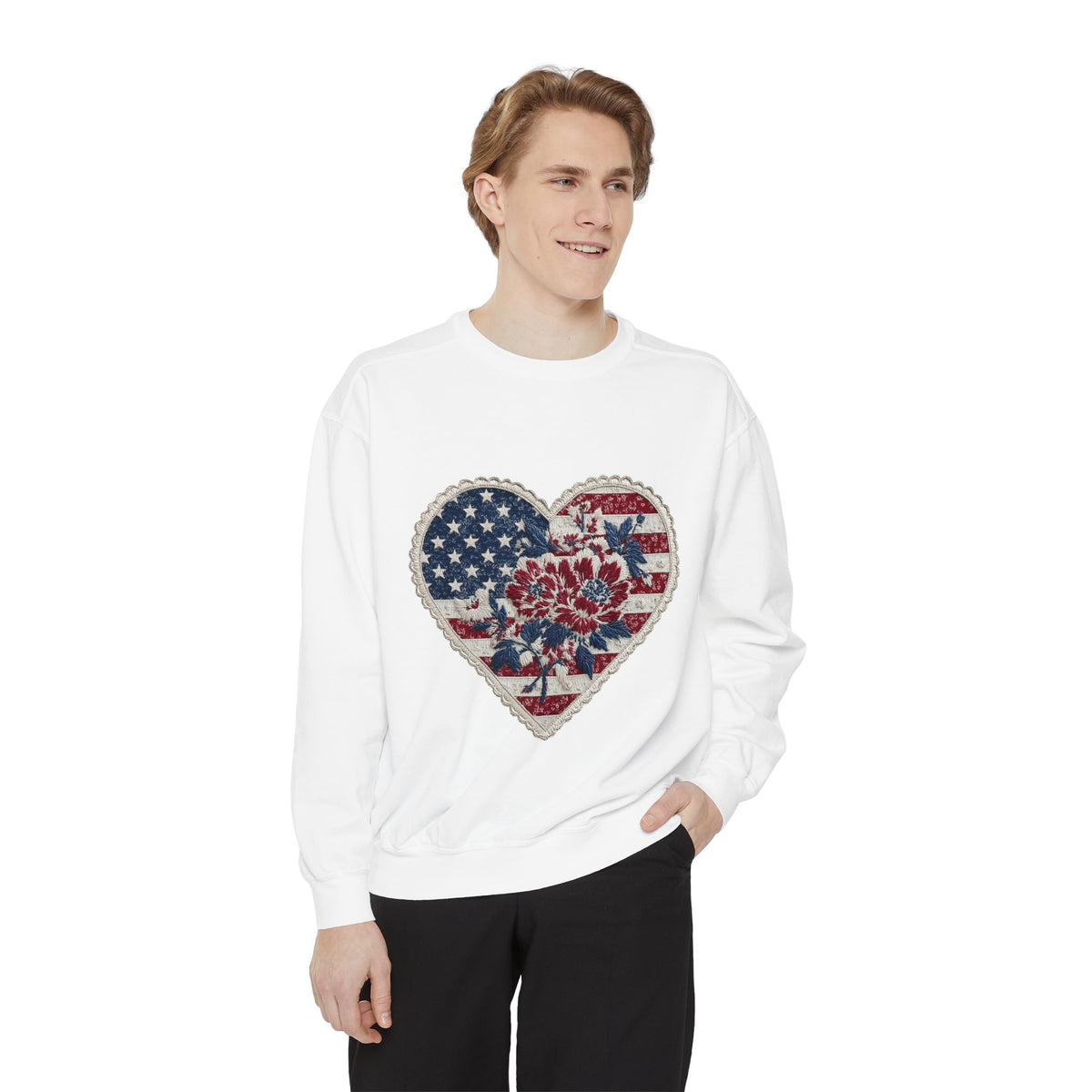 Patriotic Floral Heart Comfort Sweatshirt, American Flag Heart Crewneck, Fourth of July Sweatshirt, USA Gift for Women