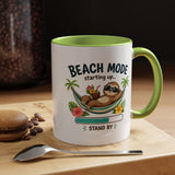 Beach Mode Sloth Coffee Mug, Funny Summer Vacation Gift for Sloth Lovers, Cute Tropical Hammock Ceramic Tea Cup with Blue Handle