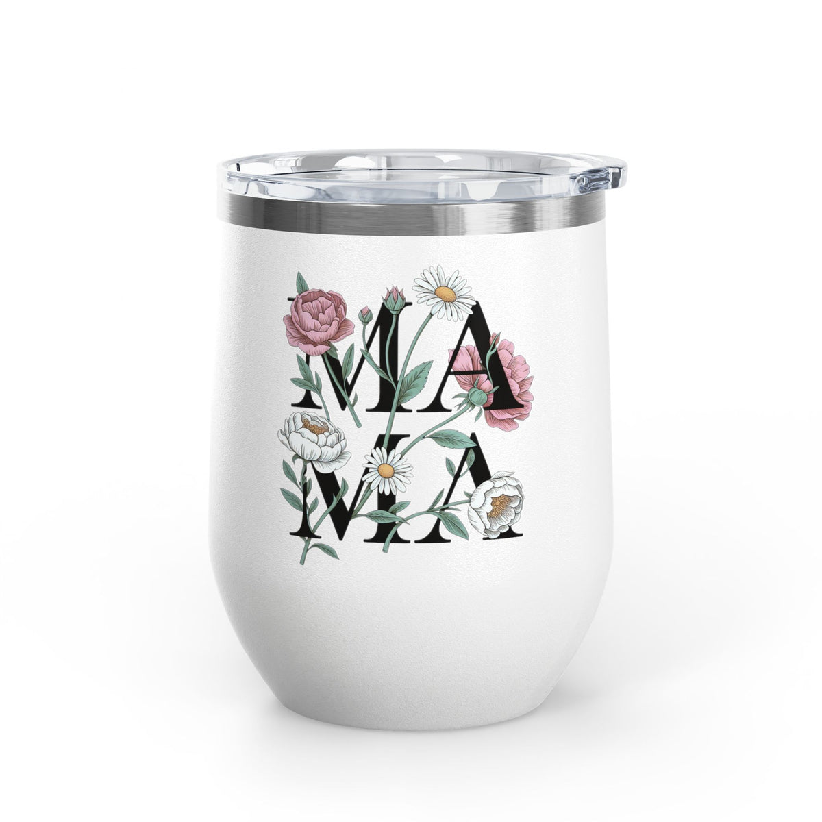 Floral Mama Wine Tumbler, Flower Wine Cup for Mom, Botanical Drinkware, Mothers Day Gift for Mom, Feminine Coffee and Wine Tumbler