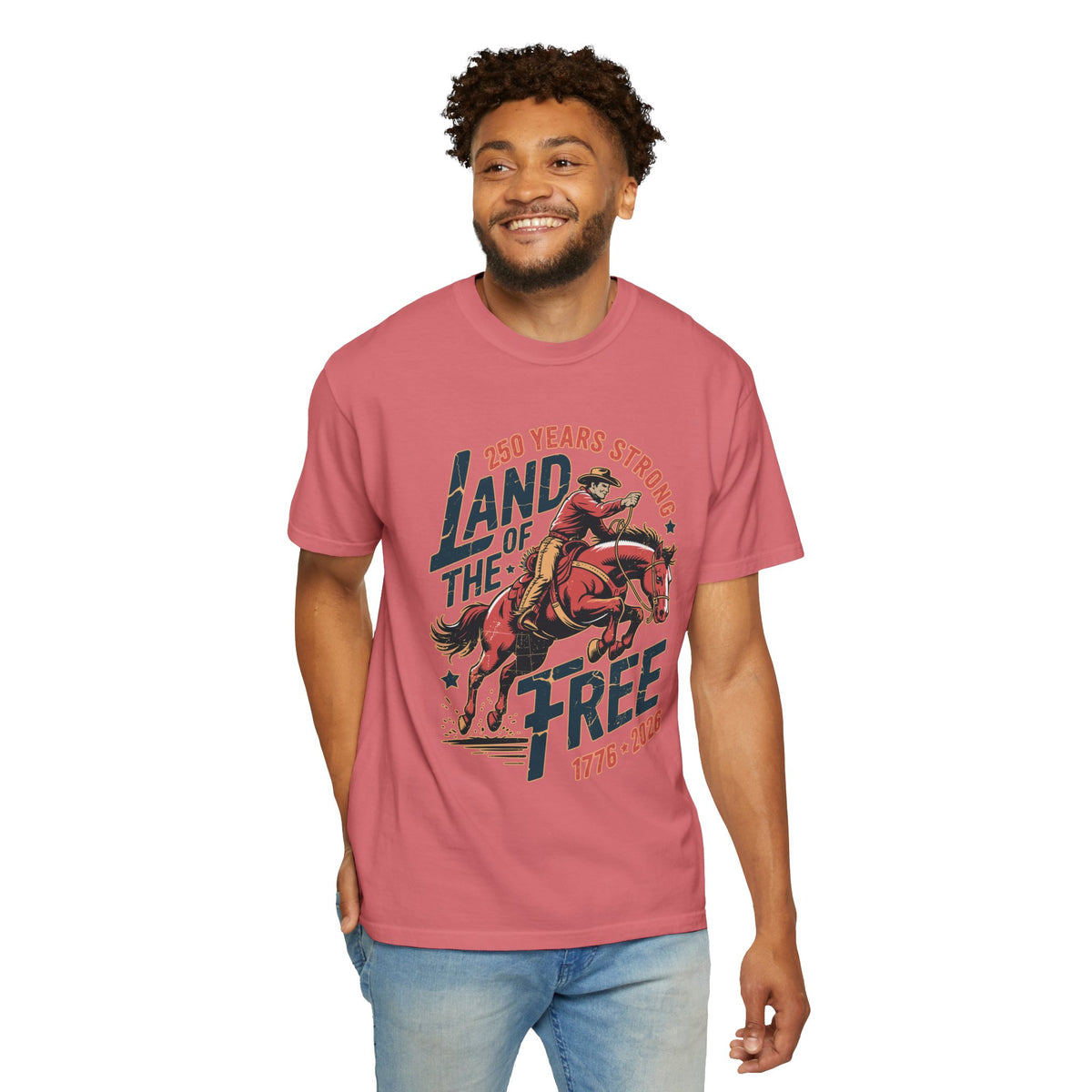 Land of the Free 250 Years Strong Comfort Colors Shirt, America 250th Anniversary Tee, Patriotic Cowboy Graphic Shirt, USA 1776-2026
