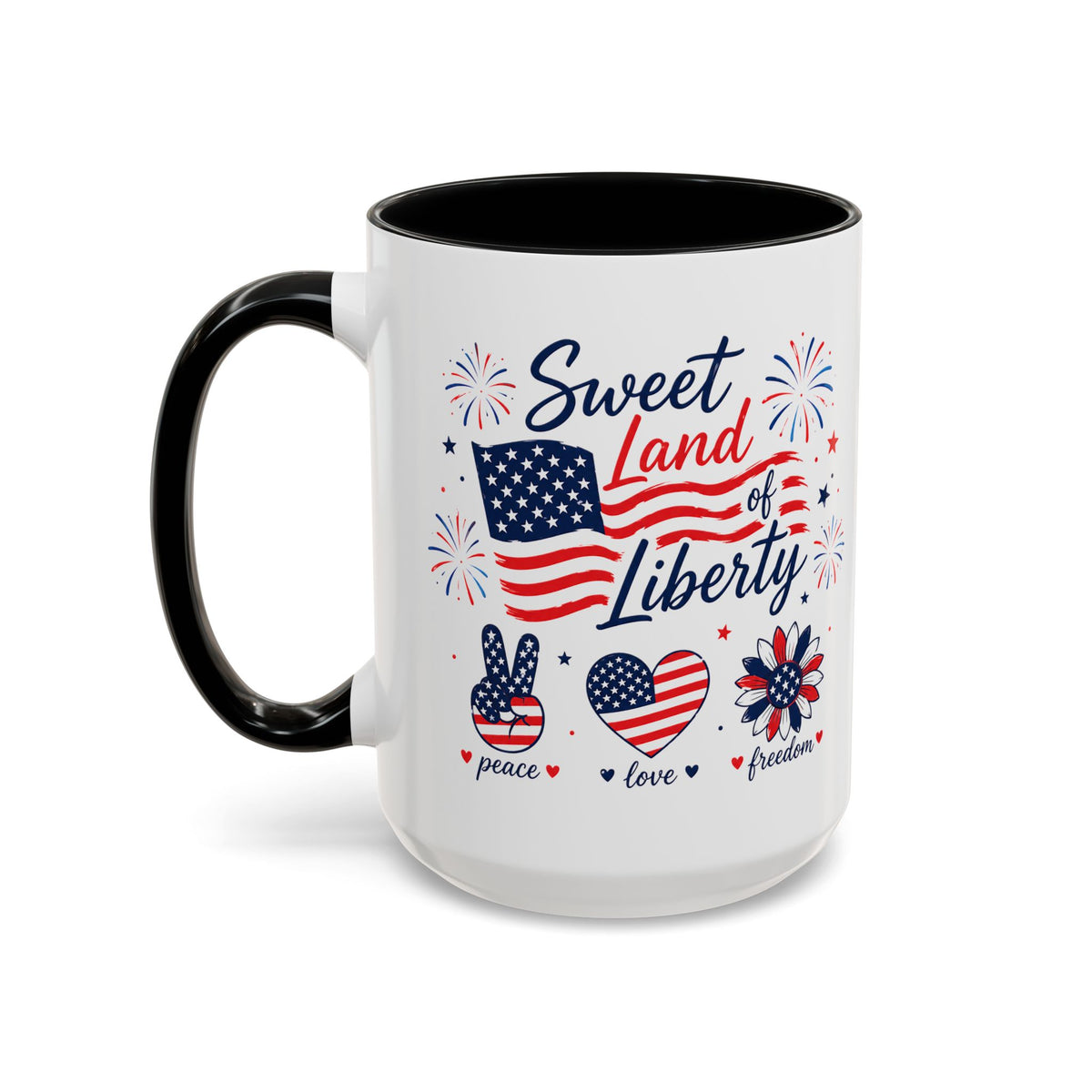 Sweet Land of Liberty Coffee Mug, Patriotic Fourth of July Mug, American Flag Heart Freedom Cup, USA Pride Gift for Women
