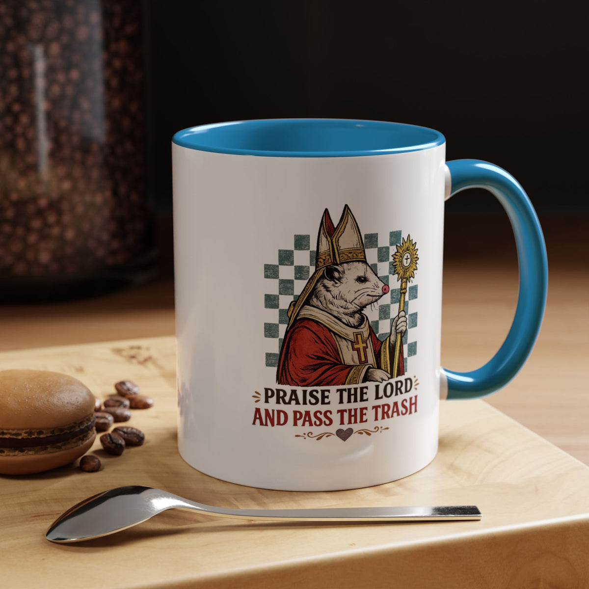 Praise the Lord and Pass the Trash Coffee Mug, Funny Opossum Pope Gift for Friends, Sarcastic Christian Possum Ceramic Tea Cup with Black Handle