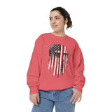 God Bless America Sweatshirt, Distressed American Flag and Cross Graphic, Patriotic Christian Gift for Church Events and Everyday Faith