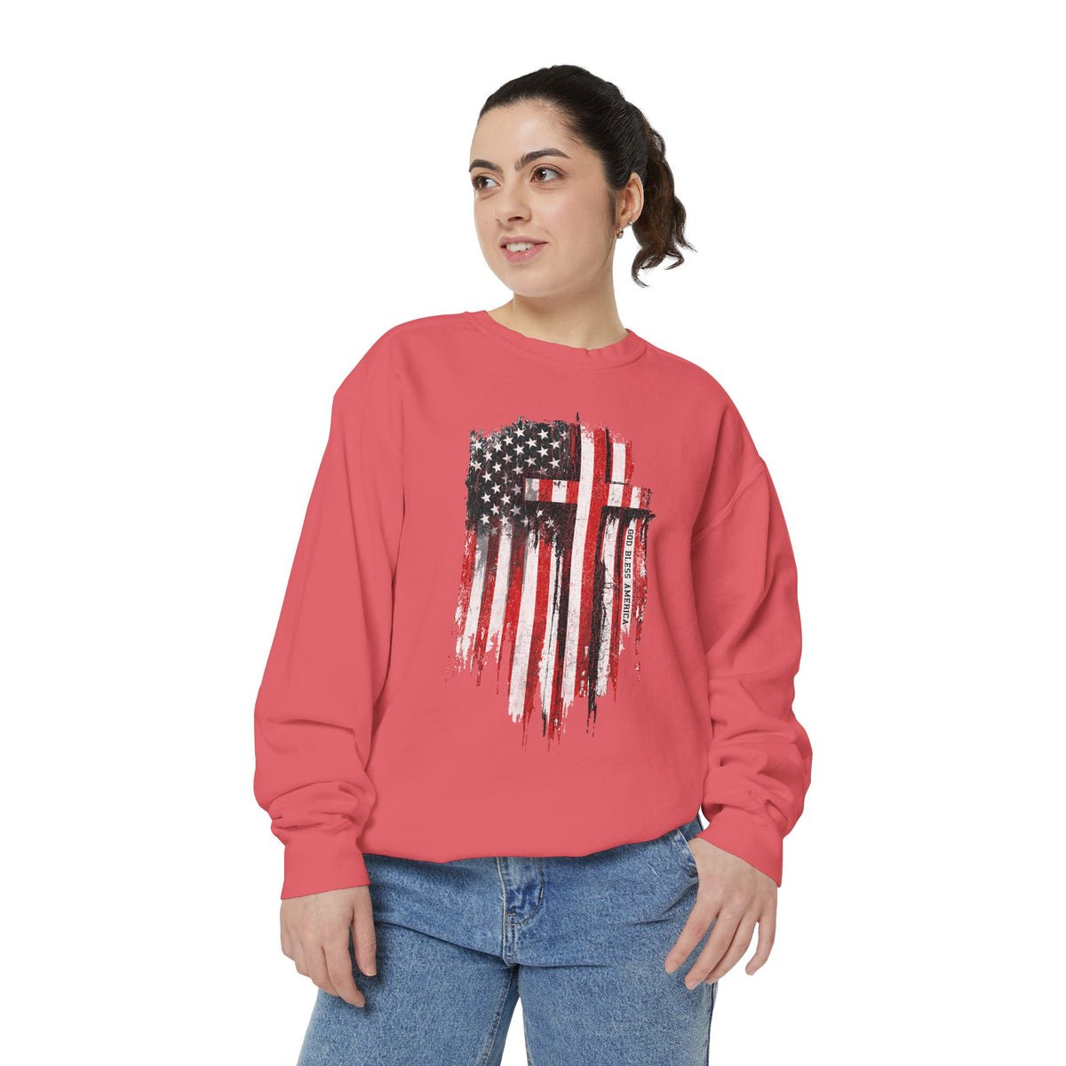 God Bless America Sweatshirt, Distressed American Flag and Cross Graphic, Patriotic Christian Gift for Church Events and Everyday Faith