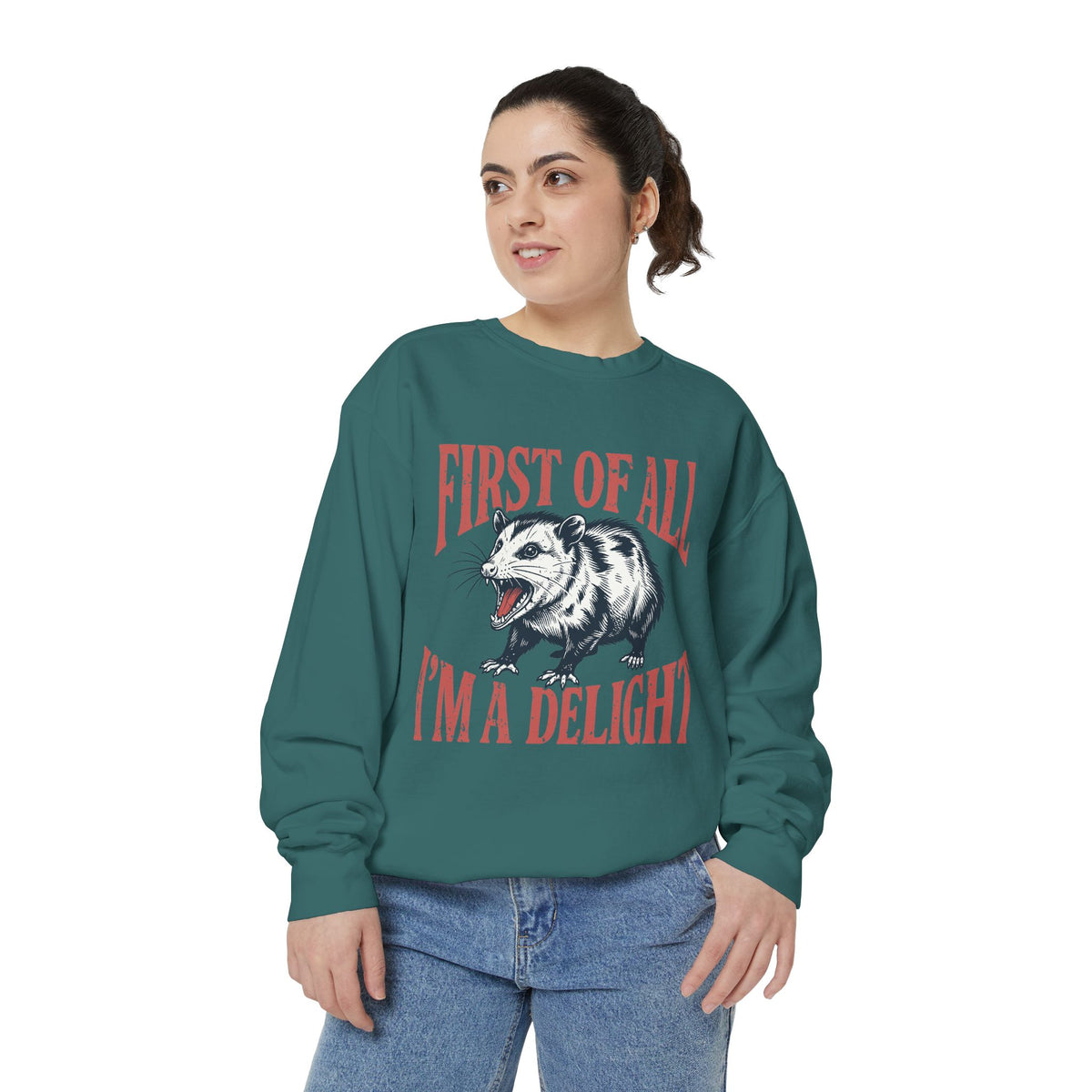 Funny Possum Sweatshirt, First of All I'm a Delight Crewneck, Sarcastic Animal Lover Gift, Vintage Opossum Graphic Cozy Pullover Top