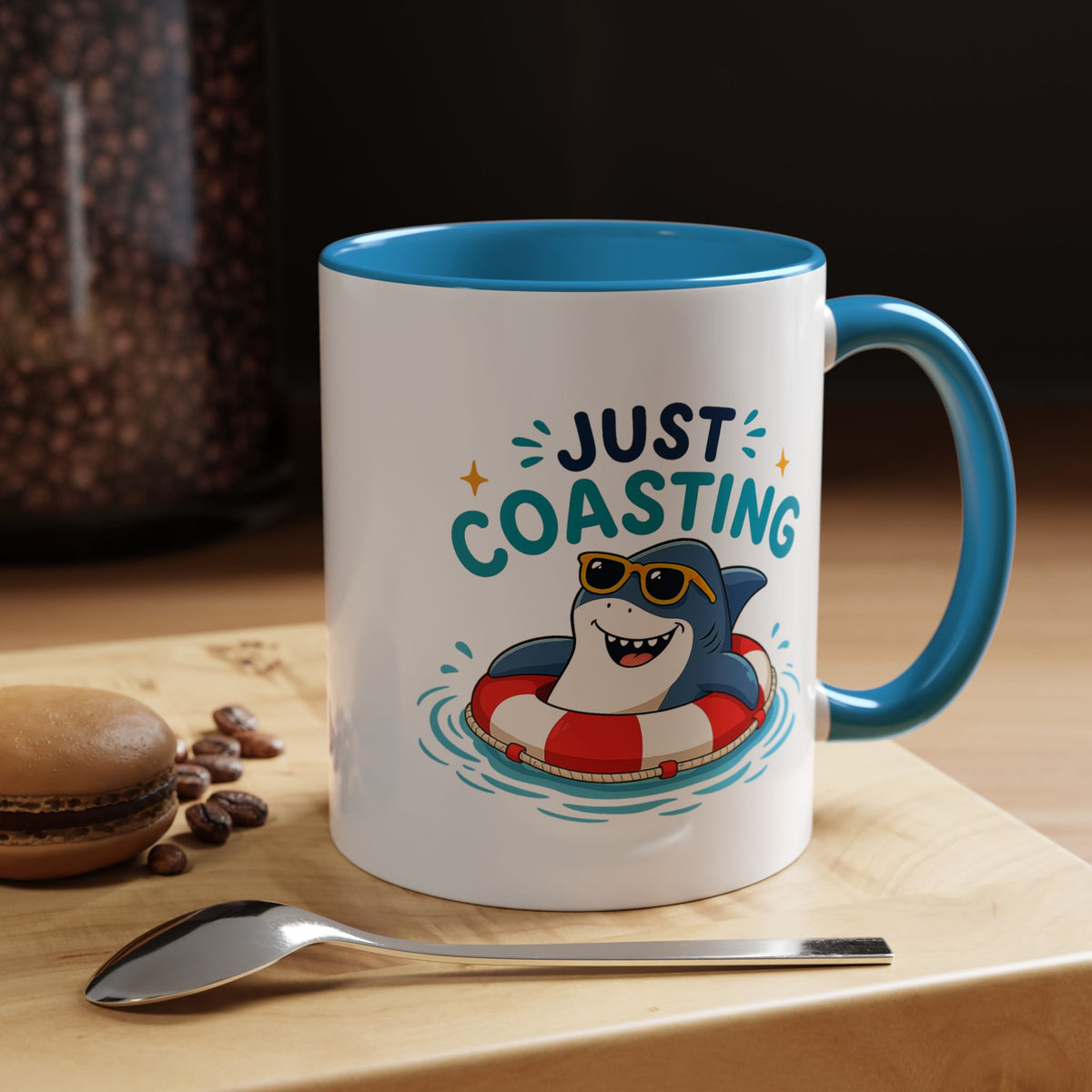 Funny Shark Coffee Mug, Just Coasting Shark Mug, Cute Beach Lover Coffee Cup, Relaxing Summer Vacation Gift for Shark Fans