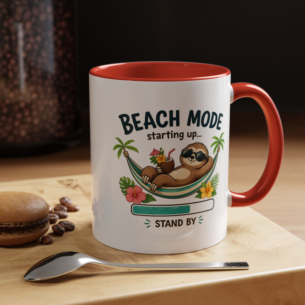 Beach Mode Sloth Coffee Mug, Funny Summer Vacation Gift for Sloth Lovers, Cute Tropical Hammock Ceramic Tea Cup with Blue Handle
