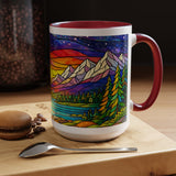 Colorful Sunset Landscape Mug, Stained Glass Nature Coffee Mug, Mountain Lake Art Mug, Outdoor Lover Gift, Scenic Ceramic Cup