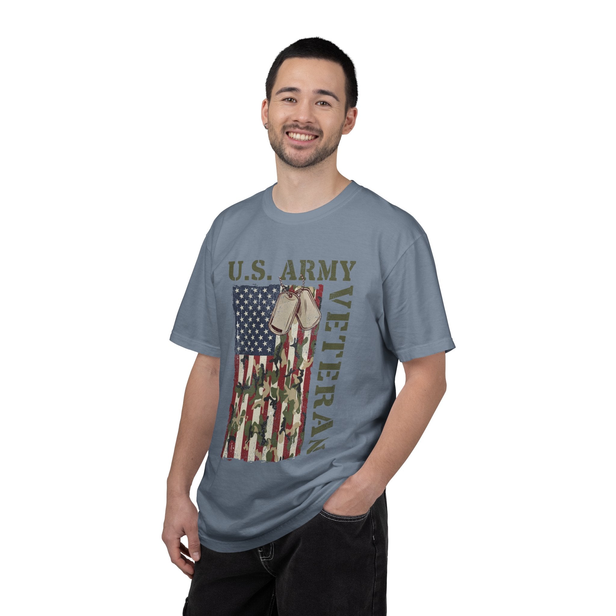 US Army Veteran Shirt, American Flag Camo T-Shirt, Military Dog Tag Tee, Patriotic Gift for Soldier, Retirement or Veterans Day Top