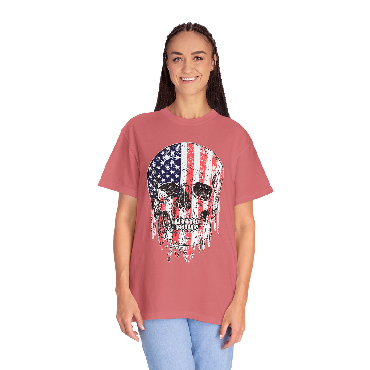 American Flag Skull Shirt, Distressed Patriotic Graphic for Biker Outfits, Fourth of July Style, Birthday Gift for Skull Art Lovers